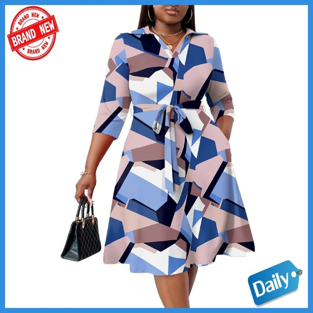 Plus Size Midi Dress 3/4 Sleeve V Neck Formal Cocktail Wedding Guest